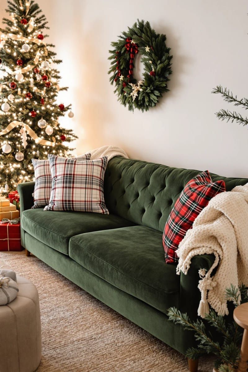 18. Green velvet couch adorned with plaid festive cushions and warm, chunky knit blankets