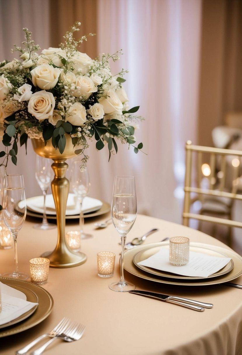 15) Champagne-colored table overlays