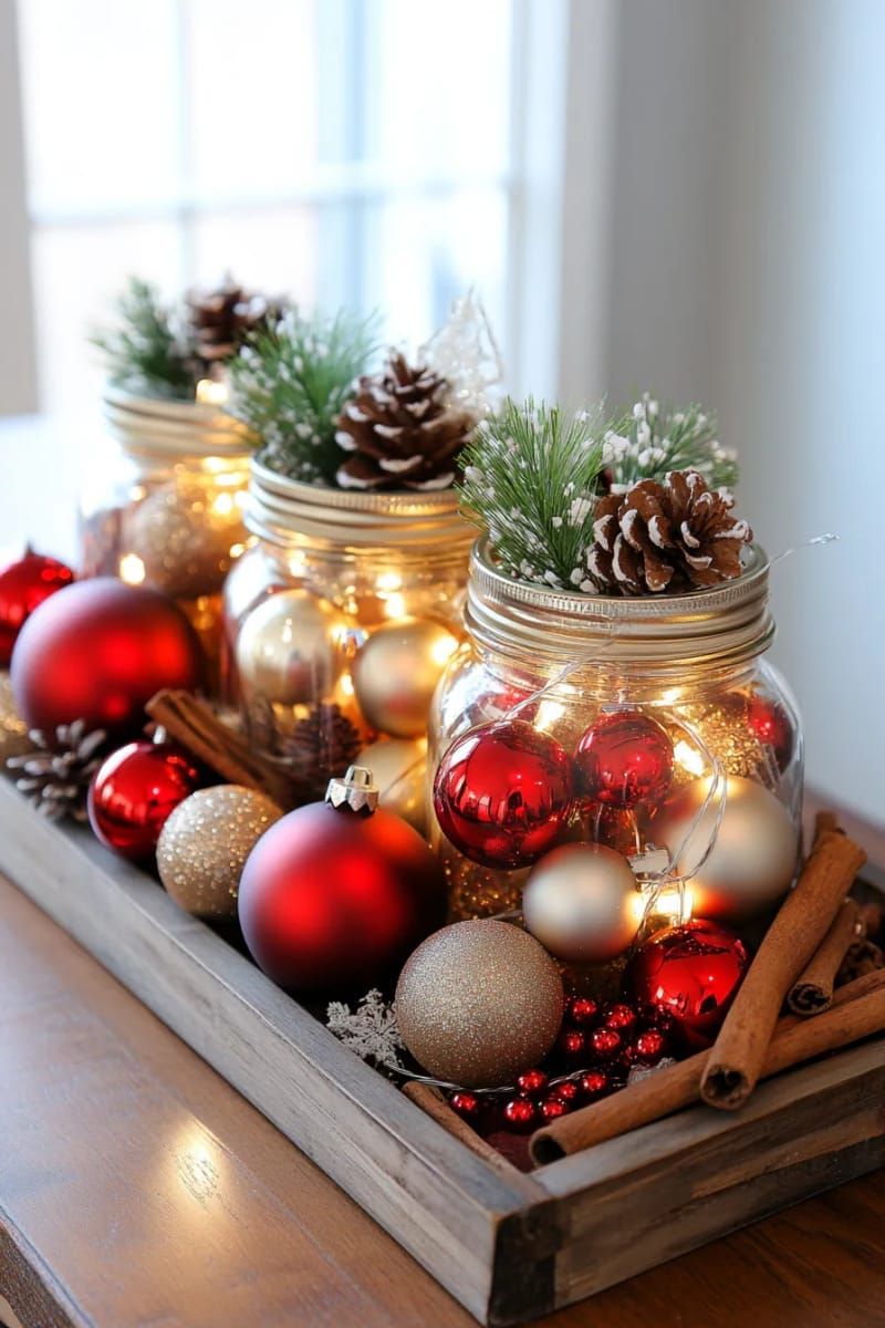 22. Mason Jars With Mini Ornaments and Lights