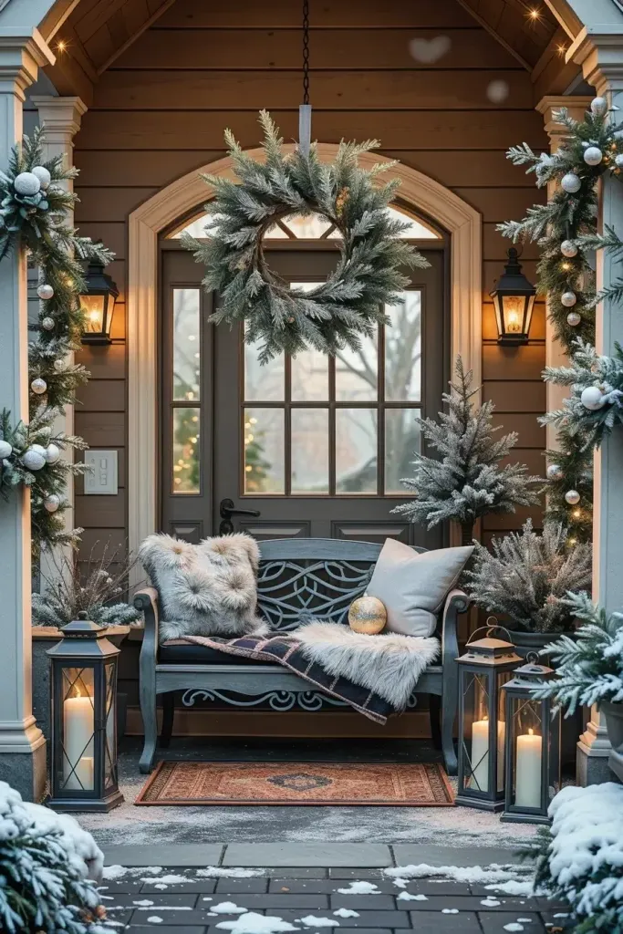 Fairy Light Pine Wreaths Dusted with Snow