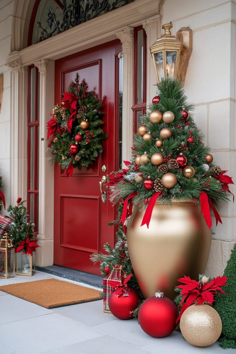 5. Gold Pot Topiary Trees With Red Ribbon Trails