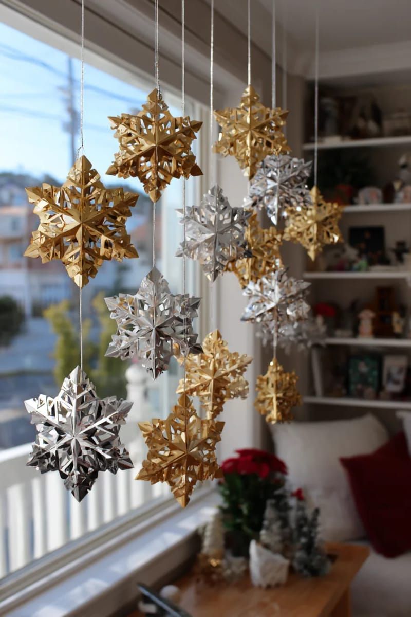 22. Gold and silver wooden snowflakes
