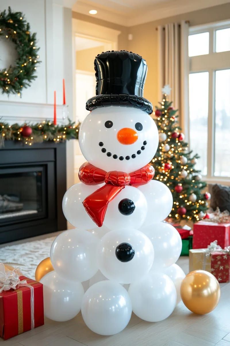 4. White balloon snowman with hat and scarf