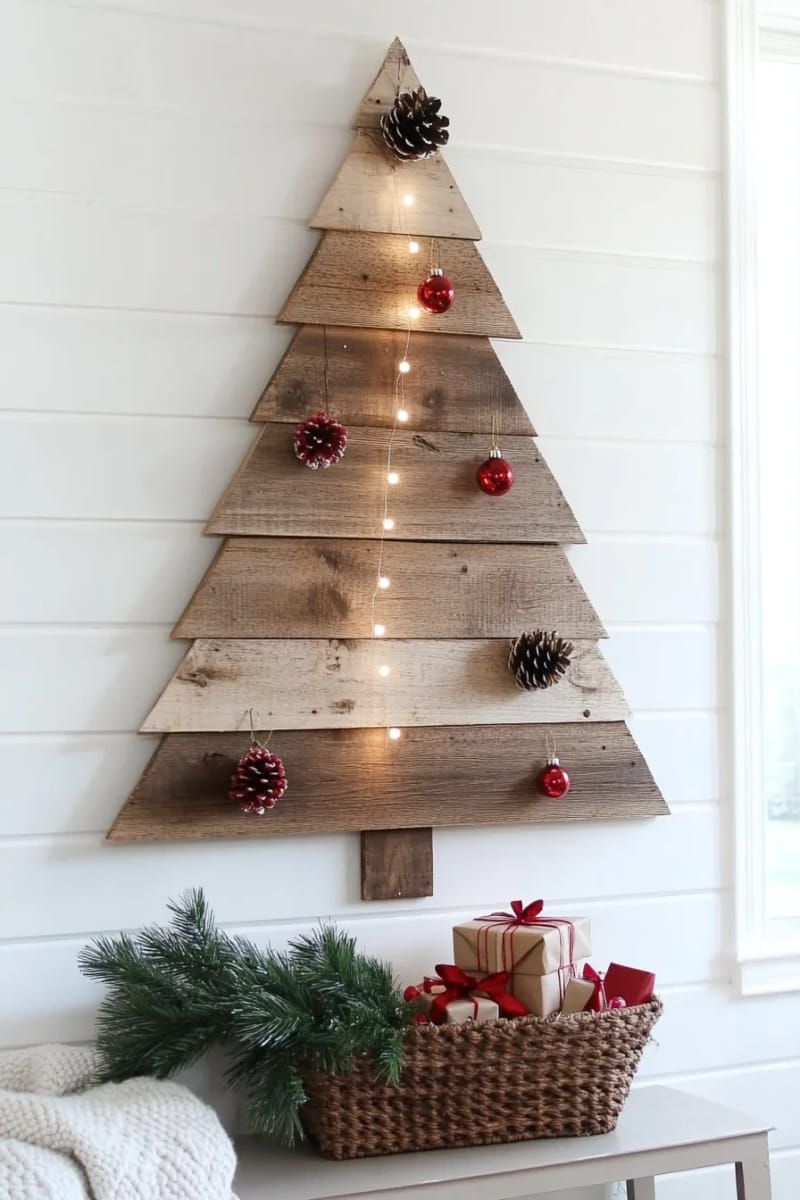 6. Christmas tree wall decor made from wooden pallets with string lights - photo 2