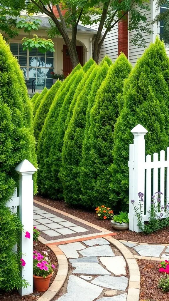 24. White Picket Fence Paired With Privacy Shrubs