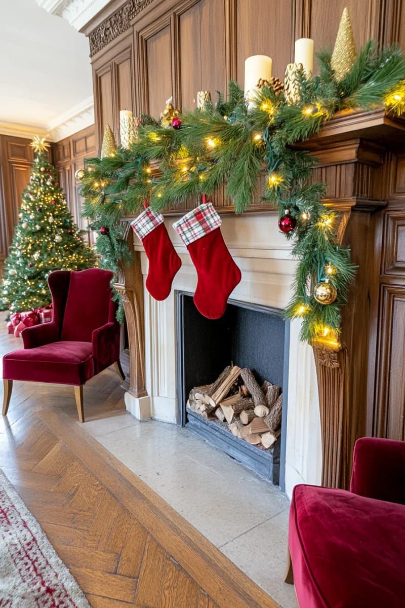 5. Pine Garland and Fairy Lights on the Mantle
