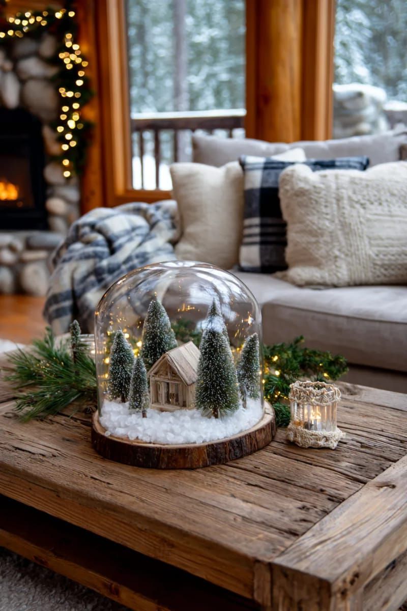 12. Mini Cabin Diorama Under a Snow-Filled Glass Dome