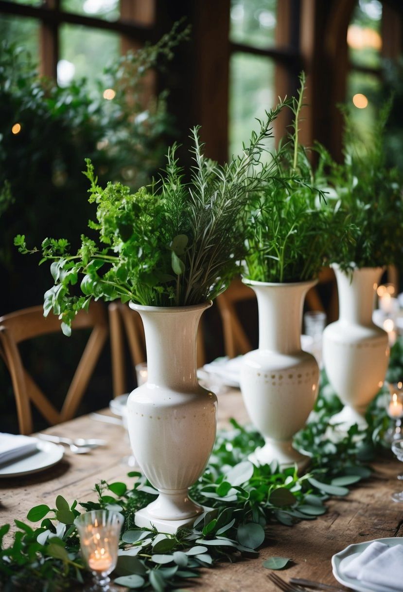 3) Antique Vases Featuring Herb Selections