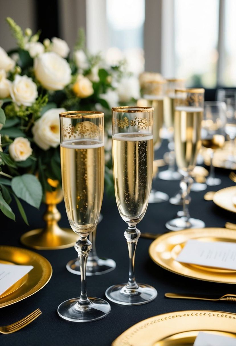 6) Gold-trimmed champagne flutes and glassware