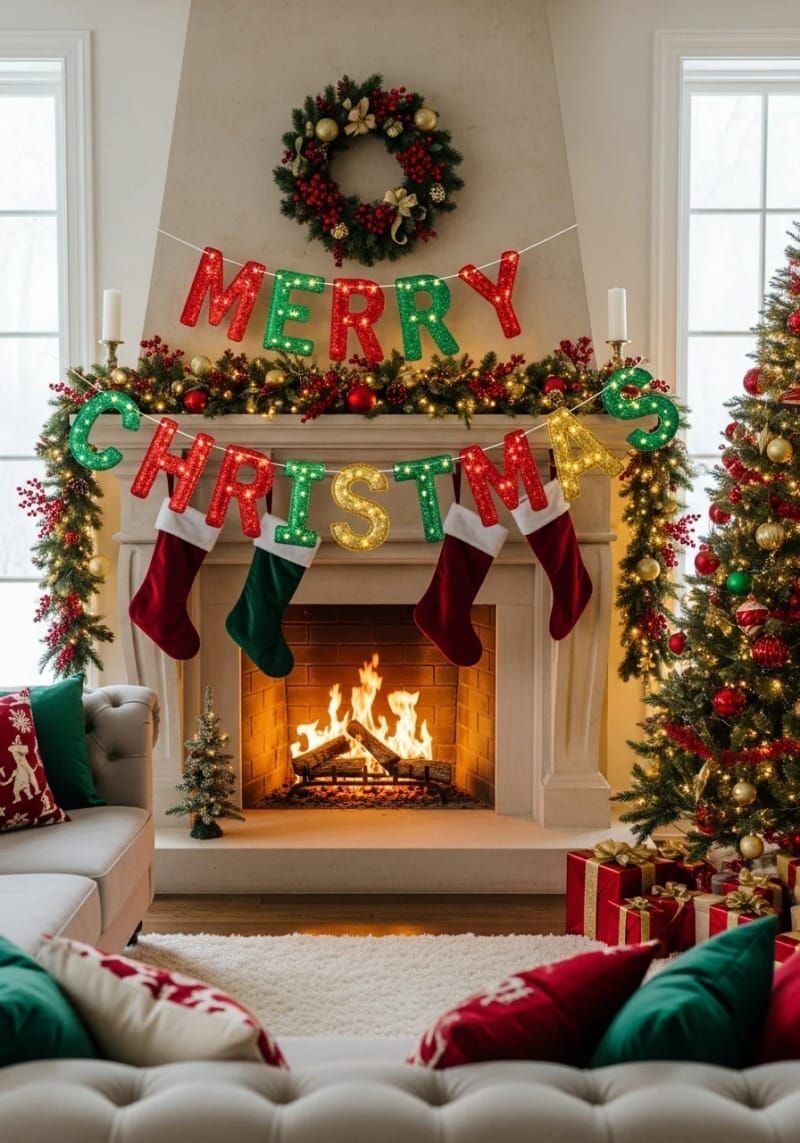 19. Red green and gold lettered Merry Christmas banner