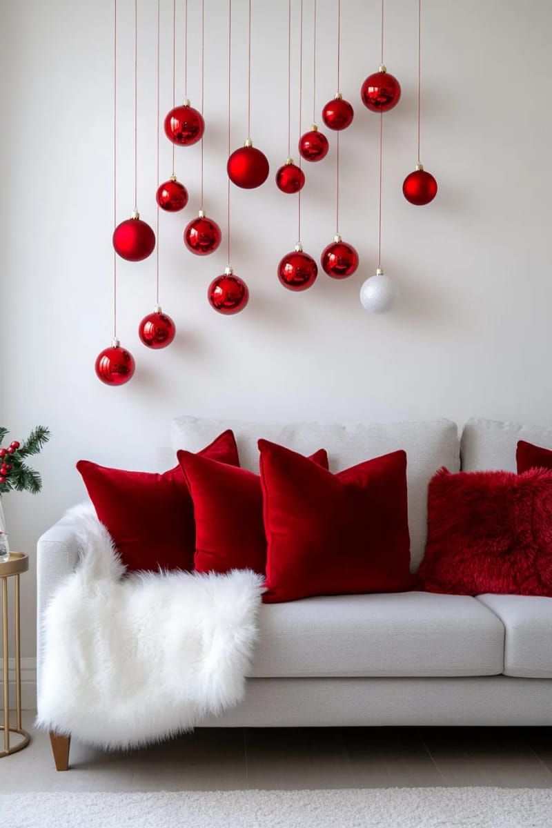5. Hanging ornaments over the couch on clear thread