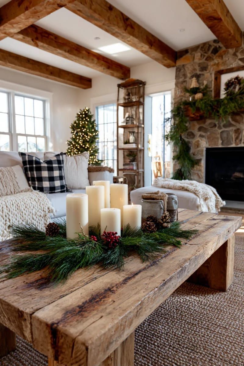 10. White Pillar Candles Grouped With Pine Sprigs