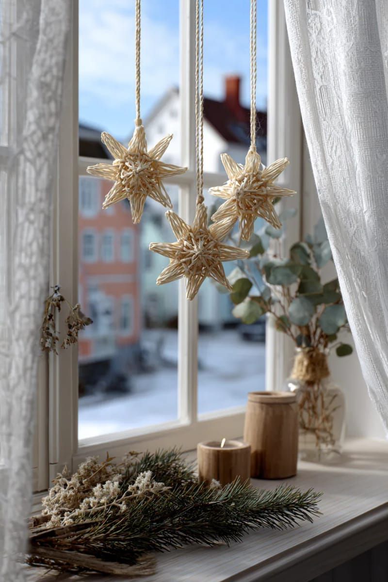 24. Woven Straw Stars Hanging in Windows
