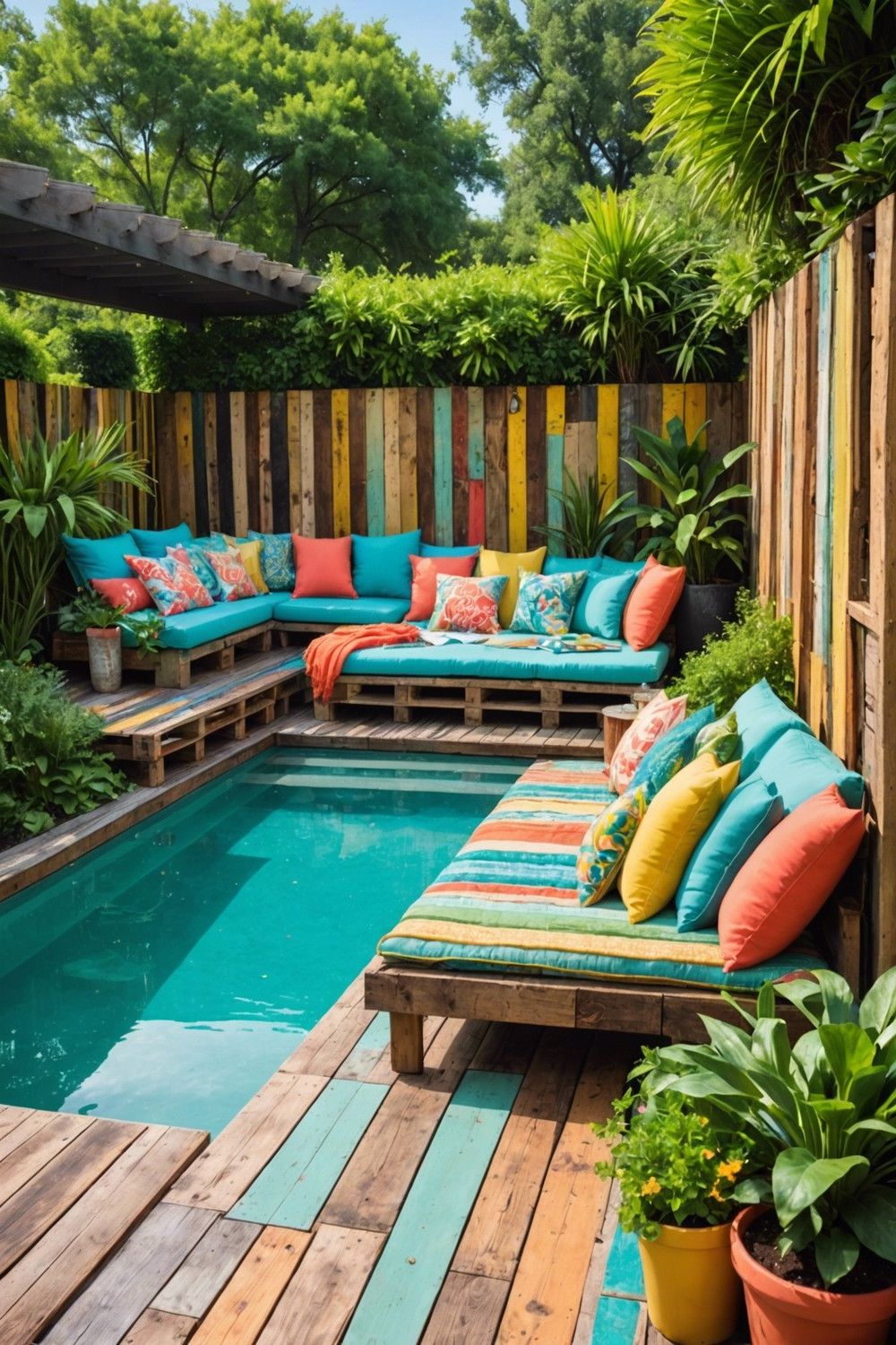 Colorful Cushions on Upcycled Pallet Pool Decks