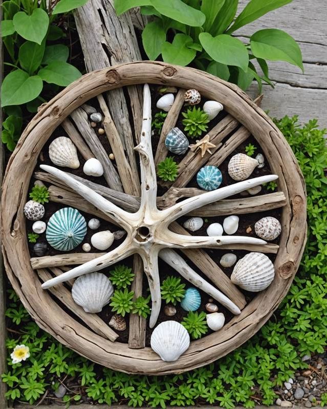 Coastal Garden Featuring Driftwood And Seashell Decor