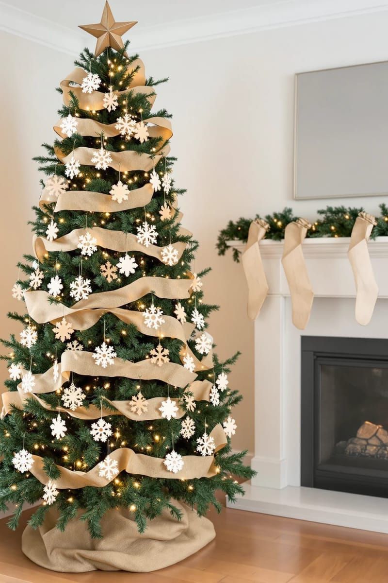 17. Burlap ribbon and wooden snowflakes for farmhouse style