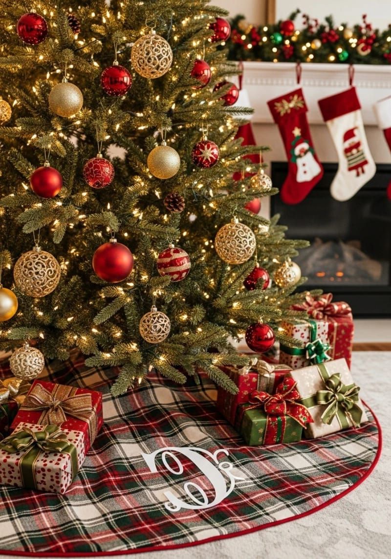 17. Plaid tree skirt with a Cricut iron-on monogram - photo 3