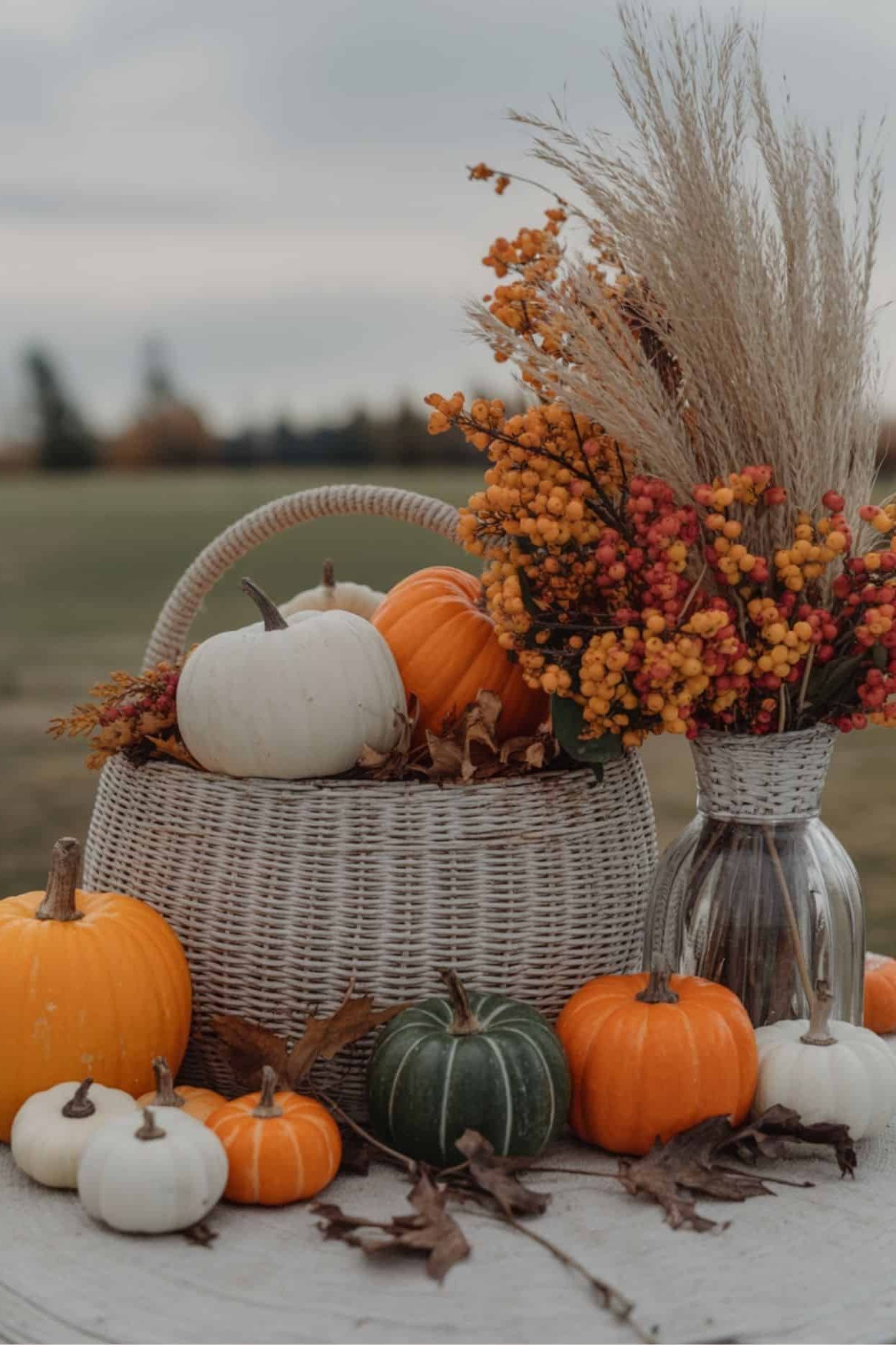 Cozy Pumpkin Arrangement in Wicker Basket