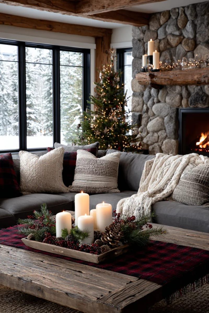 3. Rustic wooden tray centerpiece with pillar candles, pinecones, and greenery - photo 2