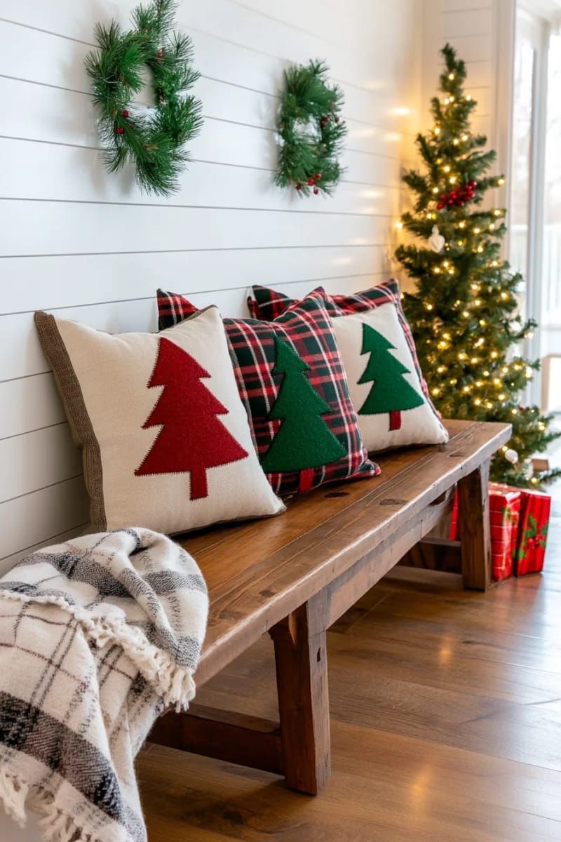 3. Hand-Stitched Christmas Trees on Plaid Pillows - photo 3