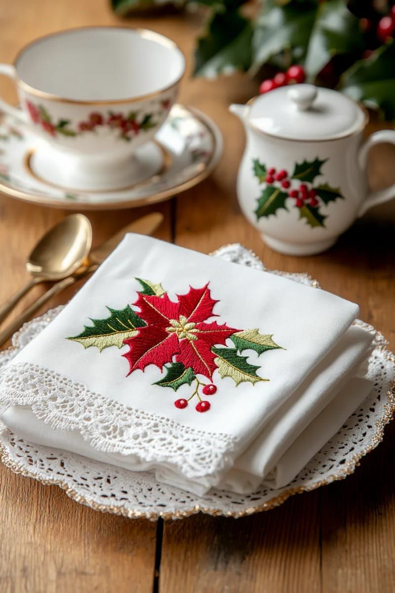 13. Embroidered Tablecloths with Holly Designs - photo 3