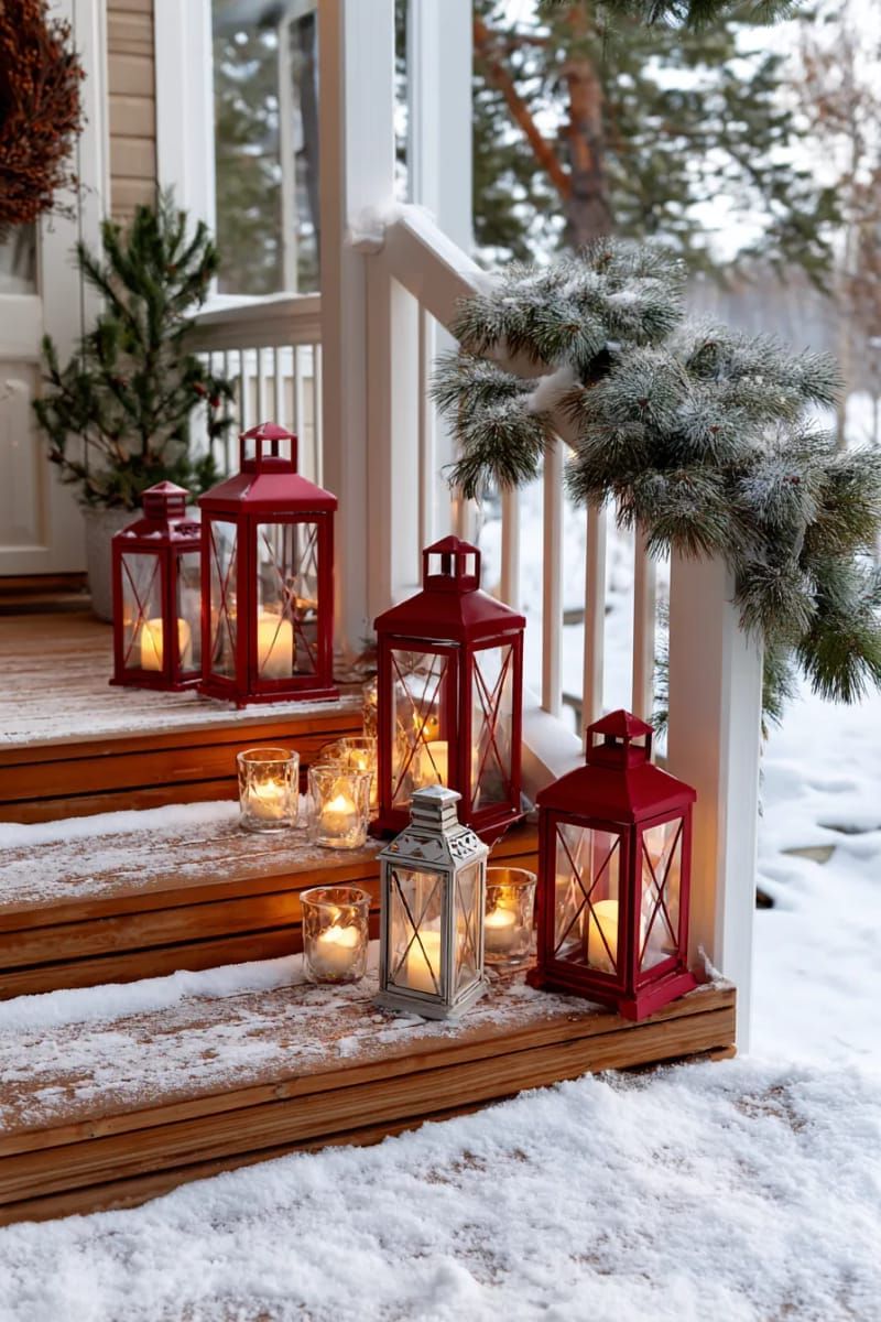 29. Glowing red lanterns and glass votives on a snowy porch at twilight