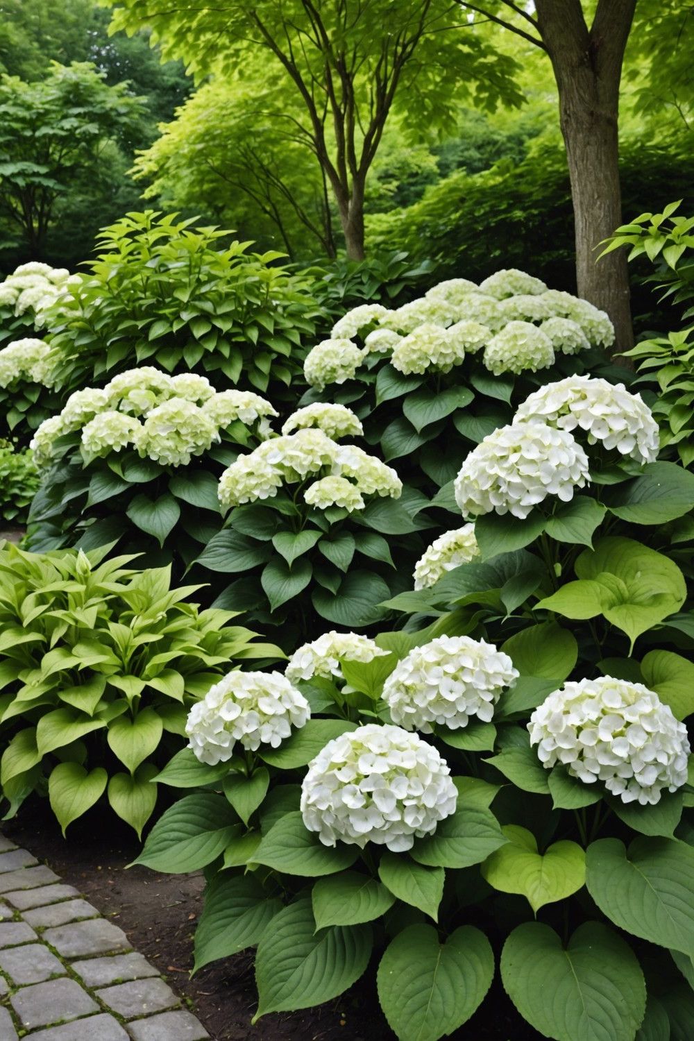 Seaside Look with White Hydrangeas and Compact Hostas