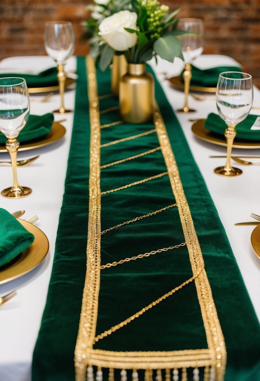 2) Green velvet runners with gold thread detail