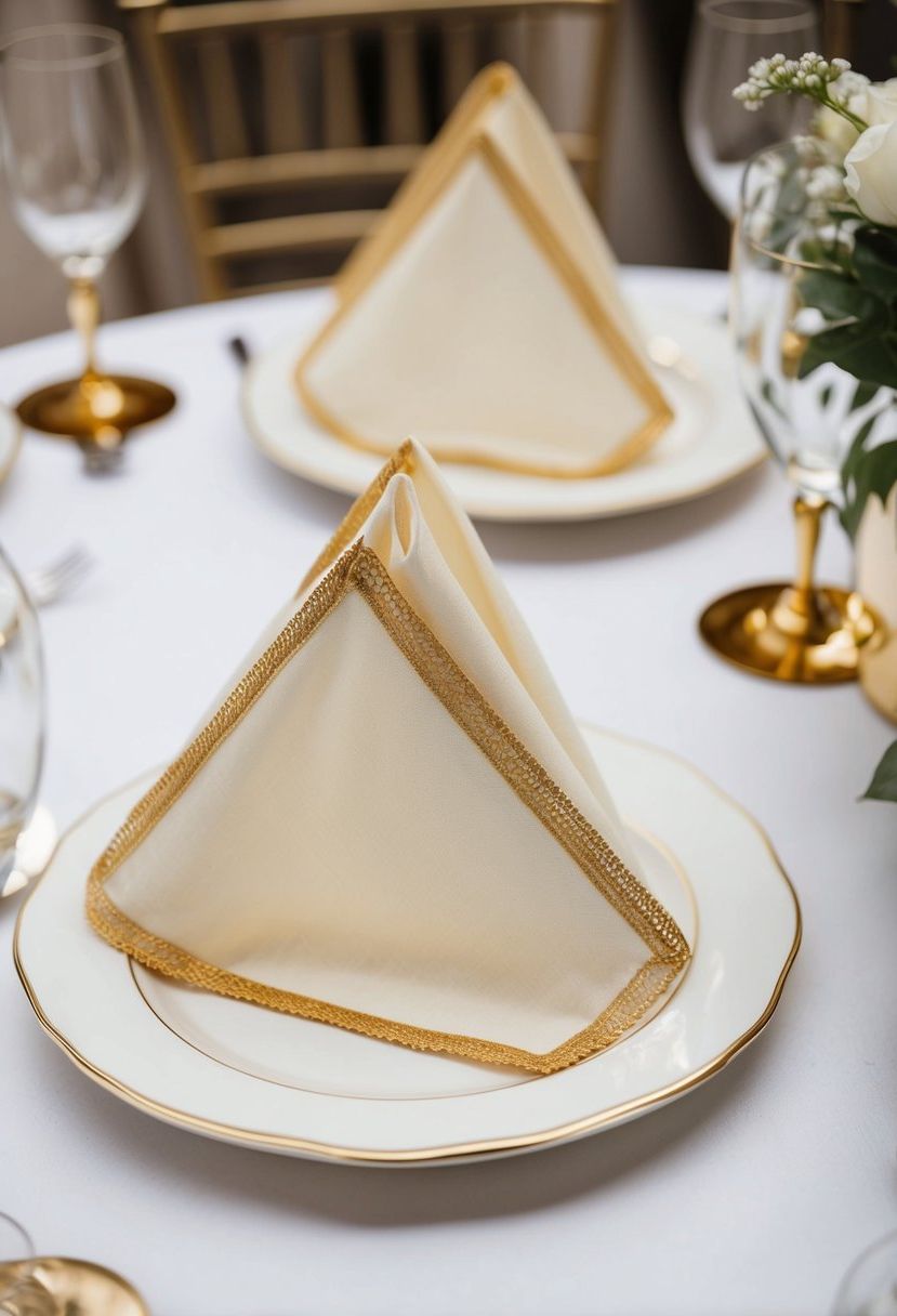 8) Gold-trimmed ivory napkins