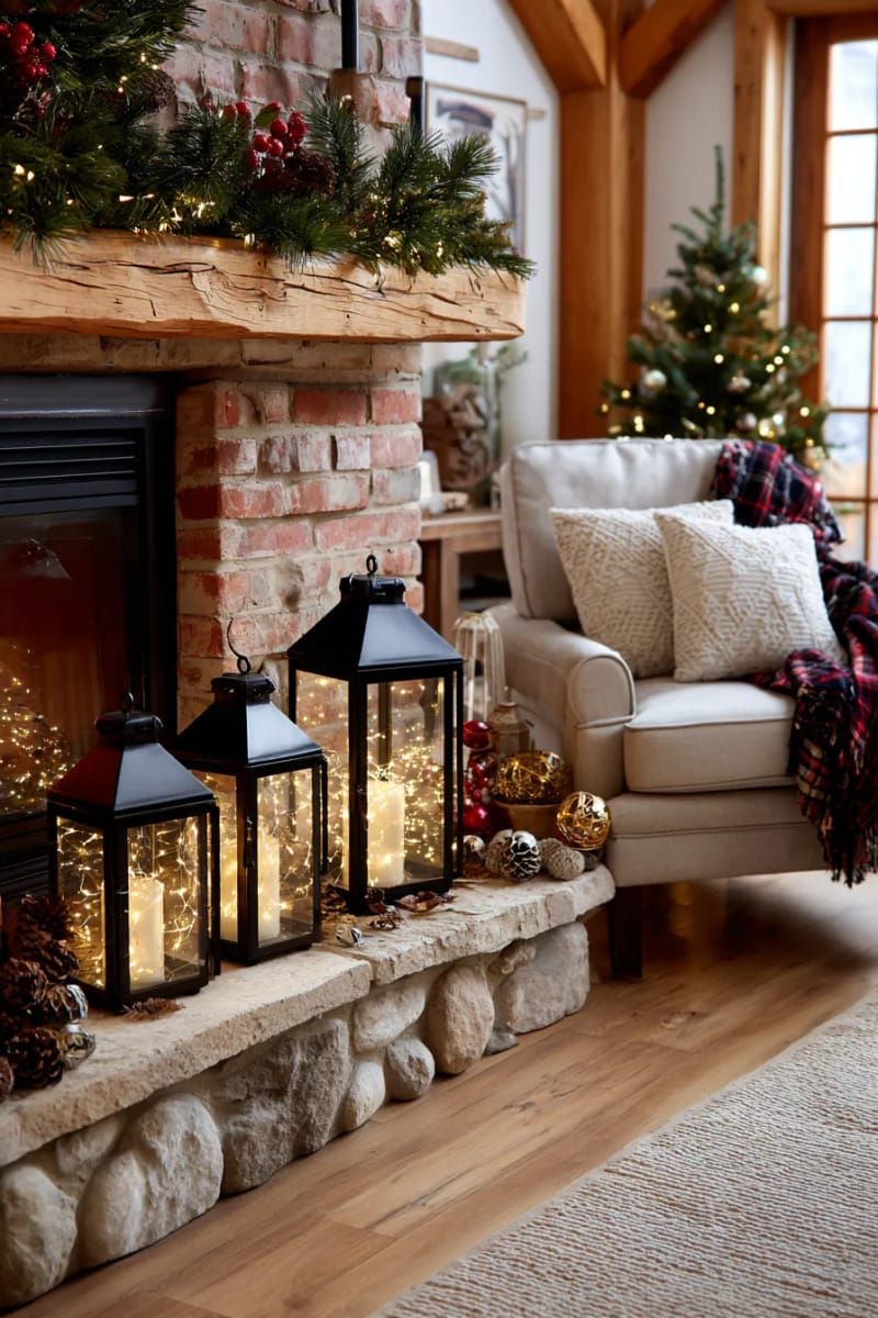 13. Tiered Lanterns Glowing Beside the Fireplace - photo 3