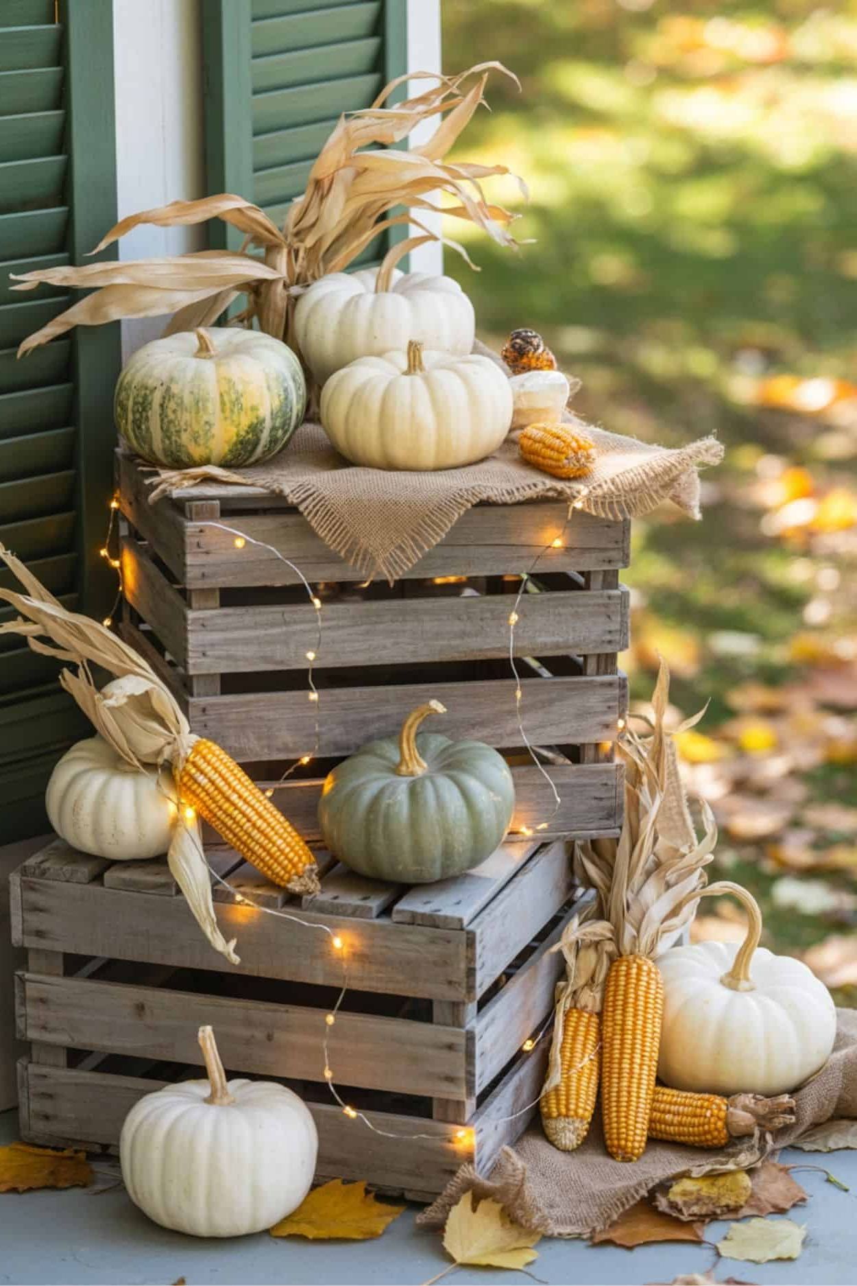 Fall Harvest Crate Display with Pumpkins & Corn