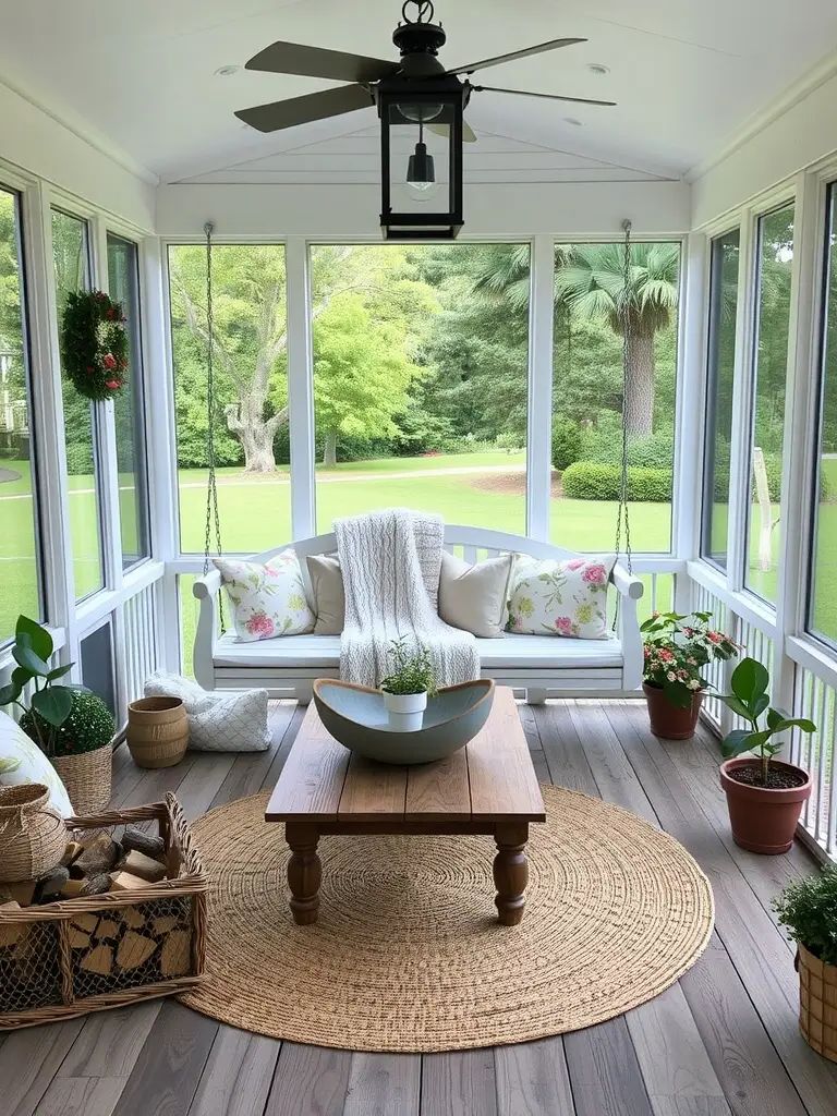 30. Farmhouse Porch Swing for Screened-In Relaxing