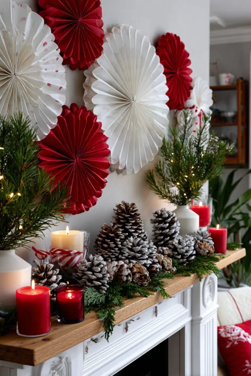 21. Red and White Paper Decor Paired with Pinecones - photo 2