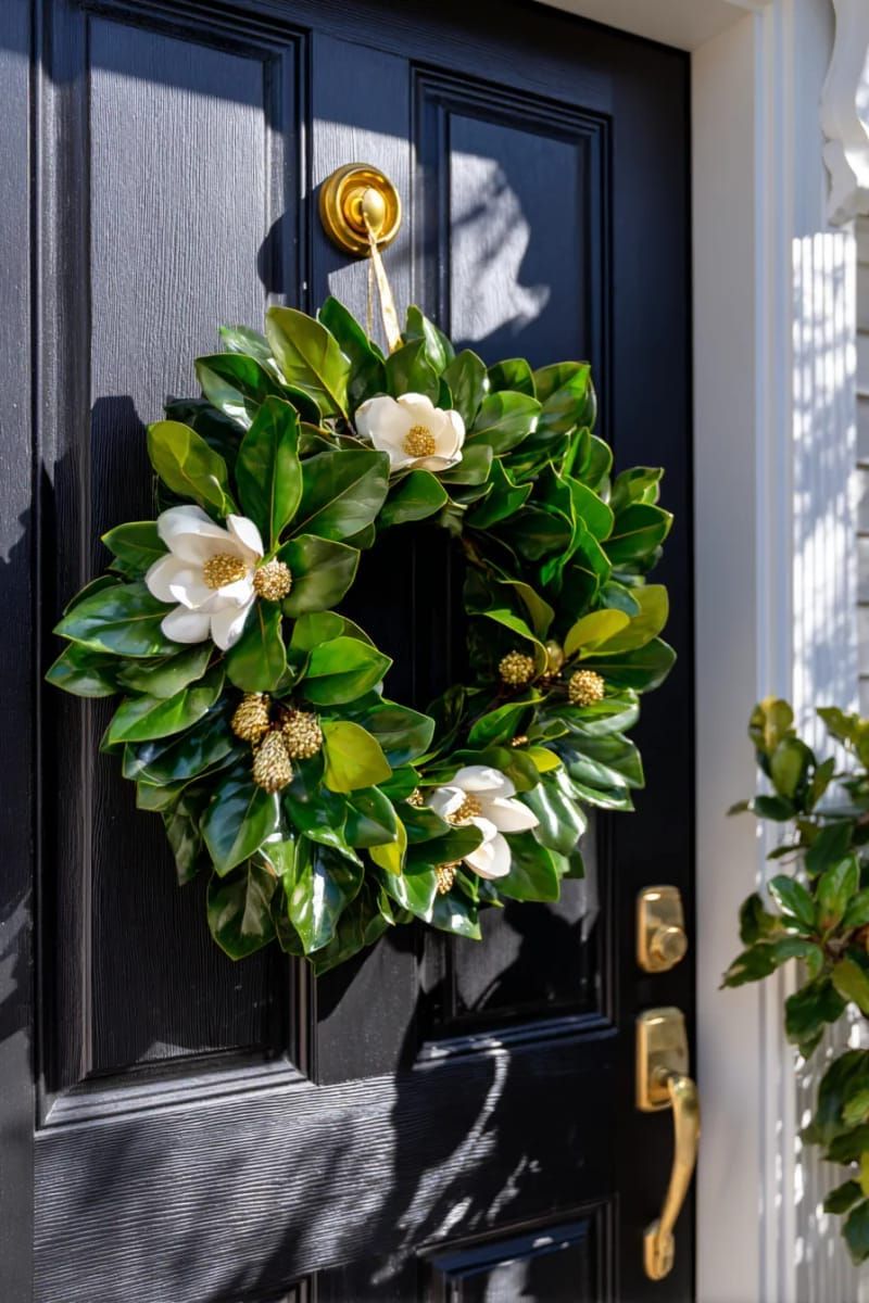 21. Black Door with Minimalist Magnolia Wreath and Gold Accents - photo 2