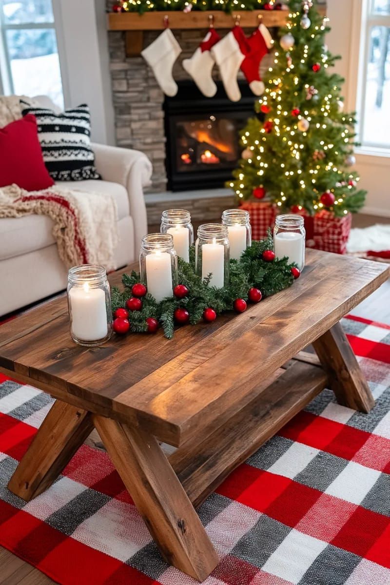 3. Mason Jar with Pine, Cranberries, and Candles