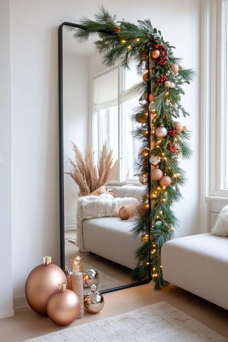 15. Asymmetrical Garland Draped Over a Modern Mirror