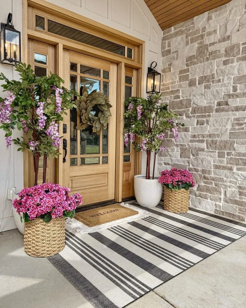 2. Warm Wood Tones and Floral Touches