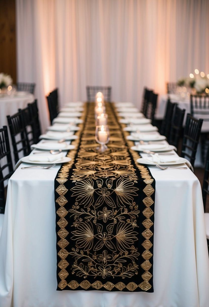 8) Black and gold embroidered table runner