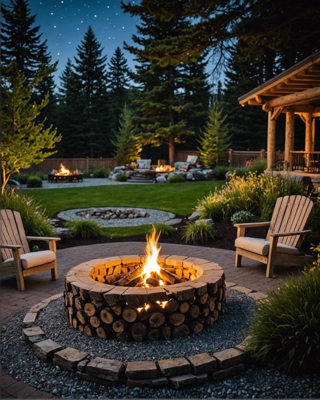 Round Fire Pit Ringed with Stacked Logs