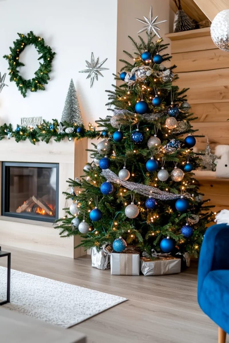 21. Blue velvet baubles and silver garland for cool tones - photo 3