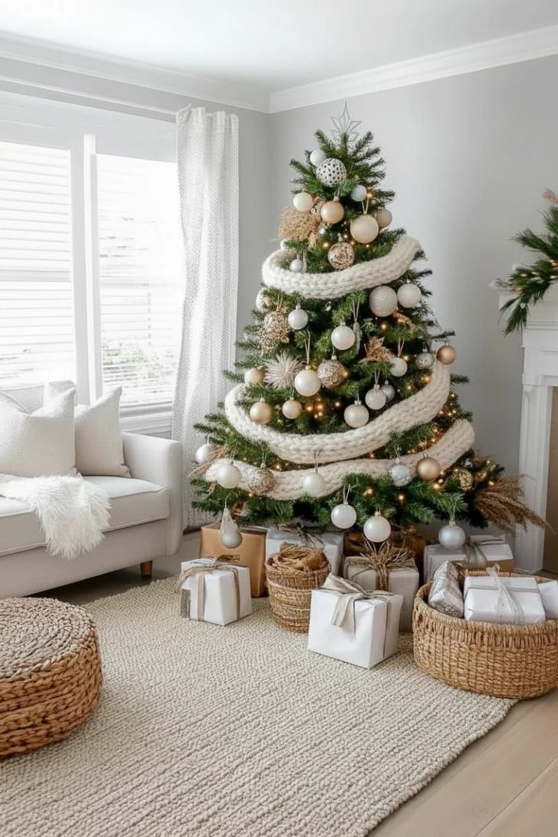 1. Neutral ornaments with chunky knit garland layers