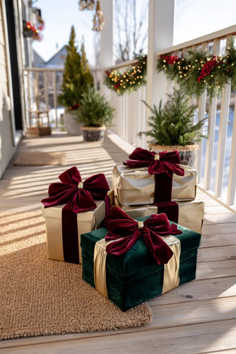 10. Velvet ribbon gift boxes by the entrance mat