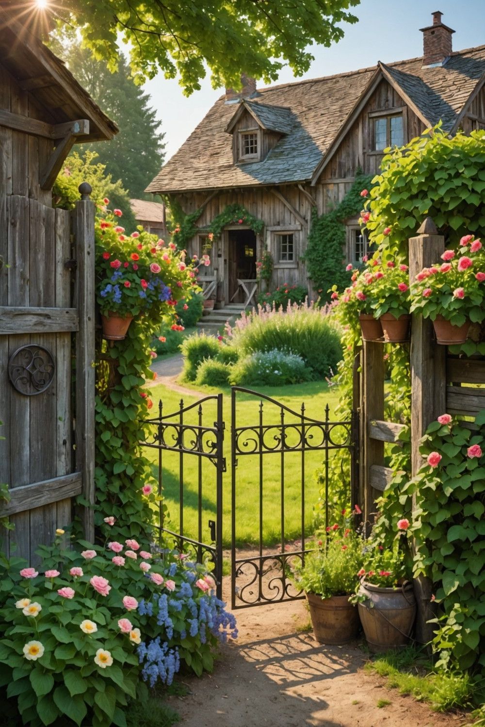 Country Gate Flanked by Planter Boxes