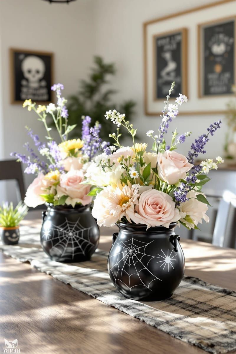 21. Spiderweb Cauldron Vases with Pastel Blooms - photo 2