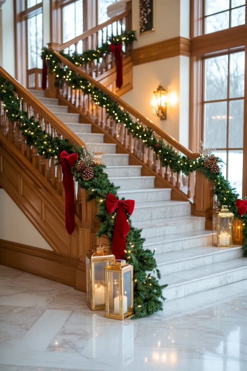 1. Red velvet bows on staircase evergreen garland