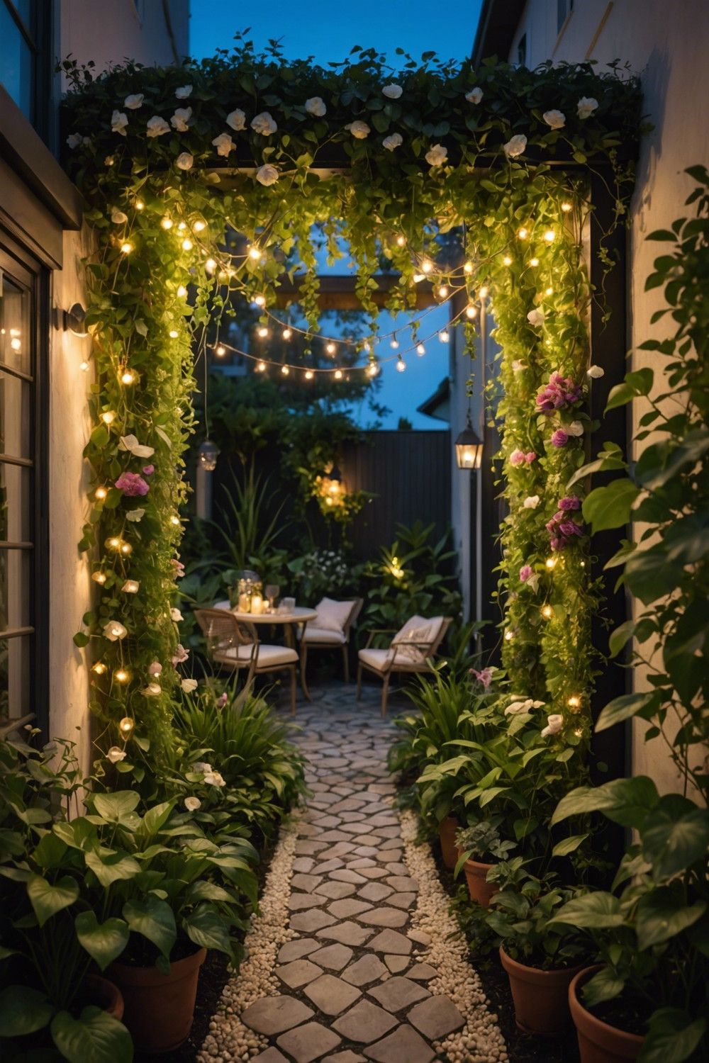 Fairy Lights Draped Down a Vertical Garden