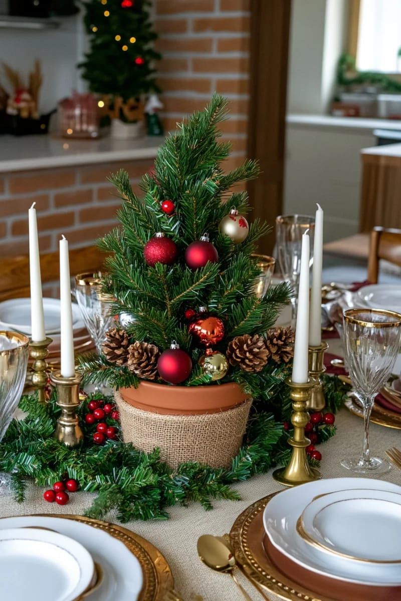 21. Potted evergreen centerpiece for tabletop display