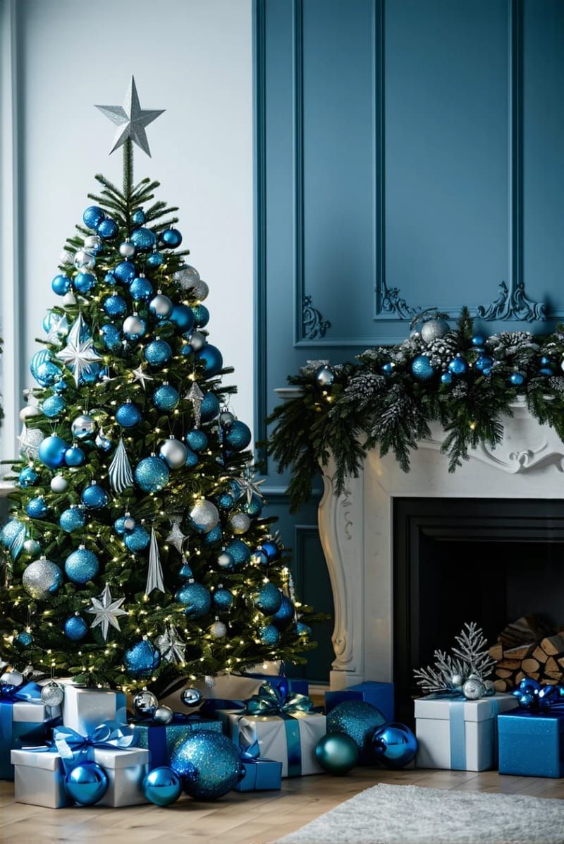21. Blue velvet baubles and silver garland for cool tones