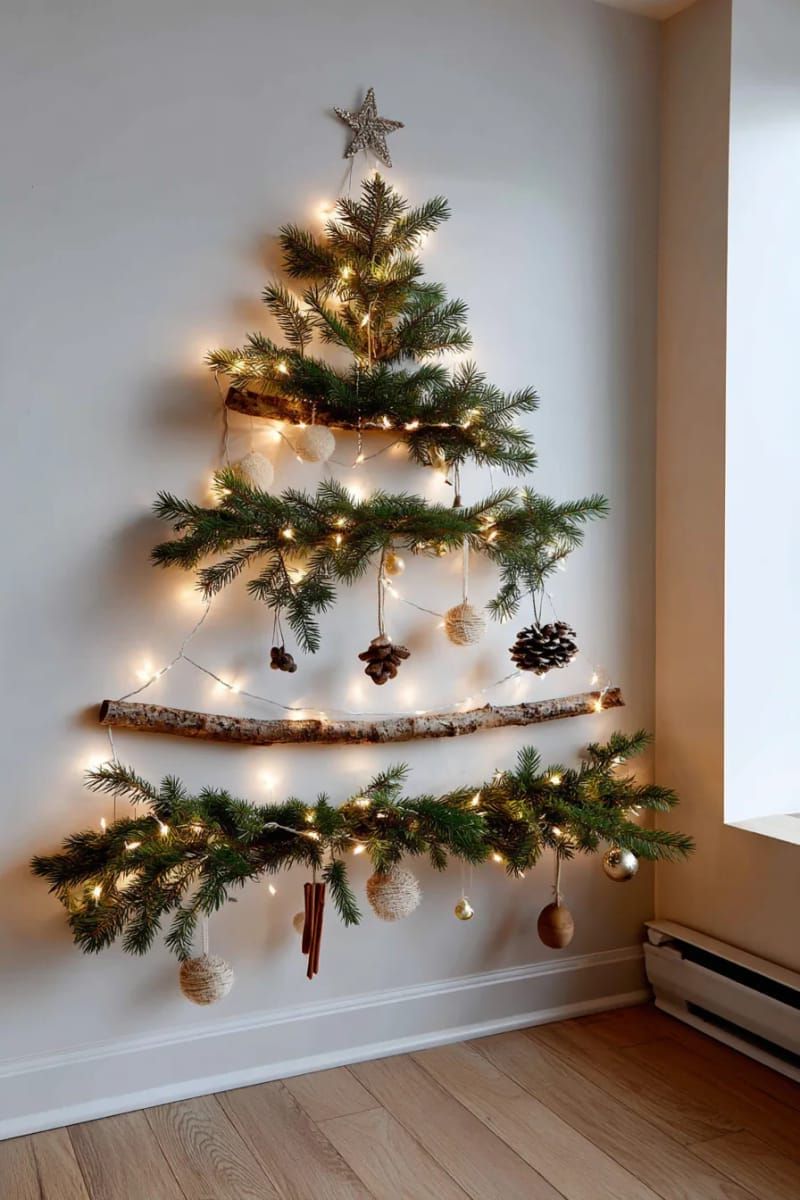 10. Wall-Mounted Tree Using String Lights