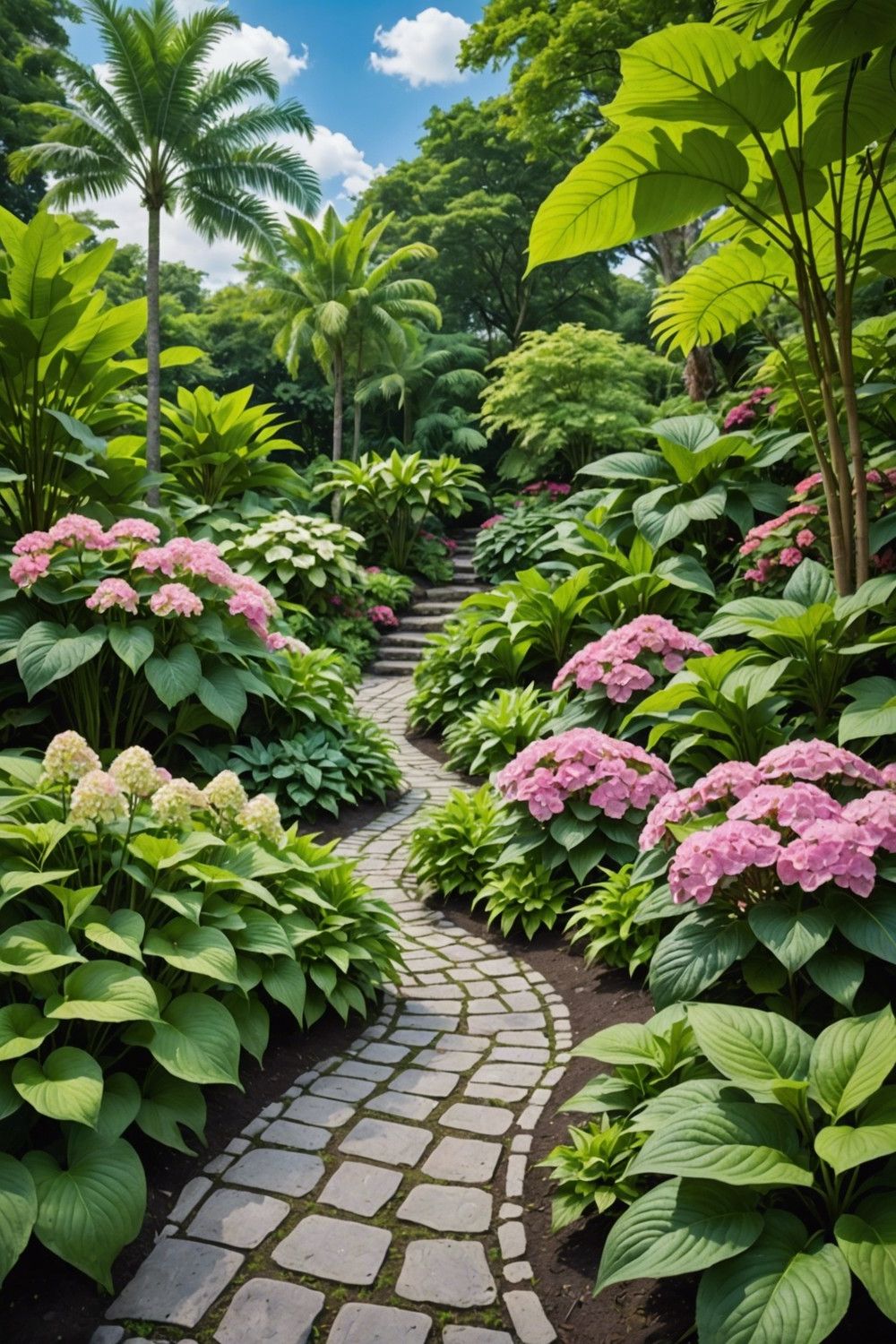 Tropical-Inspired Look with Pink Hydrangeas and Patterned Hostas